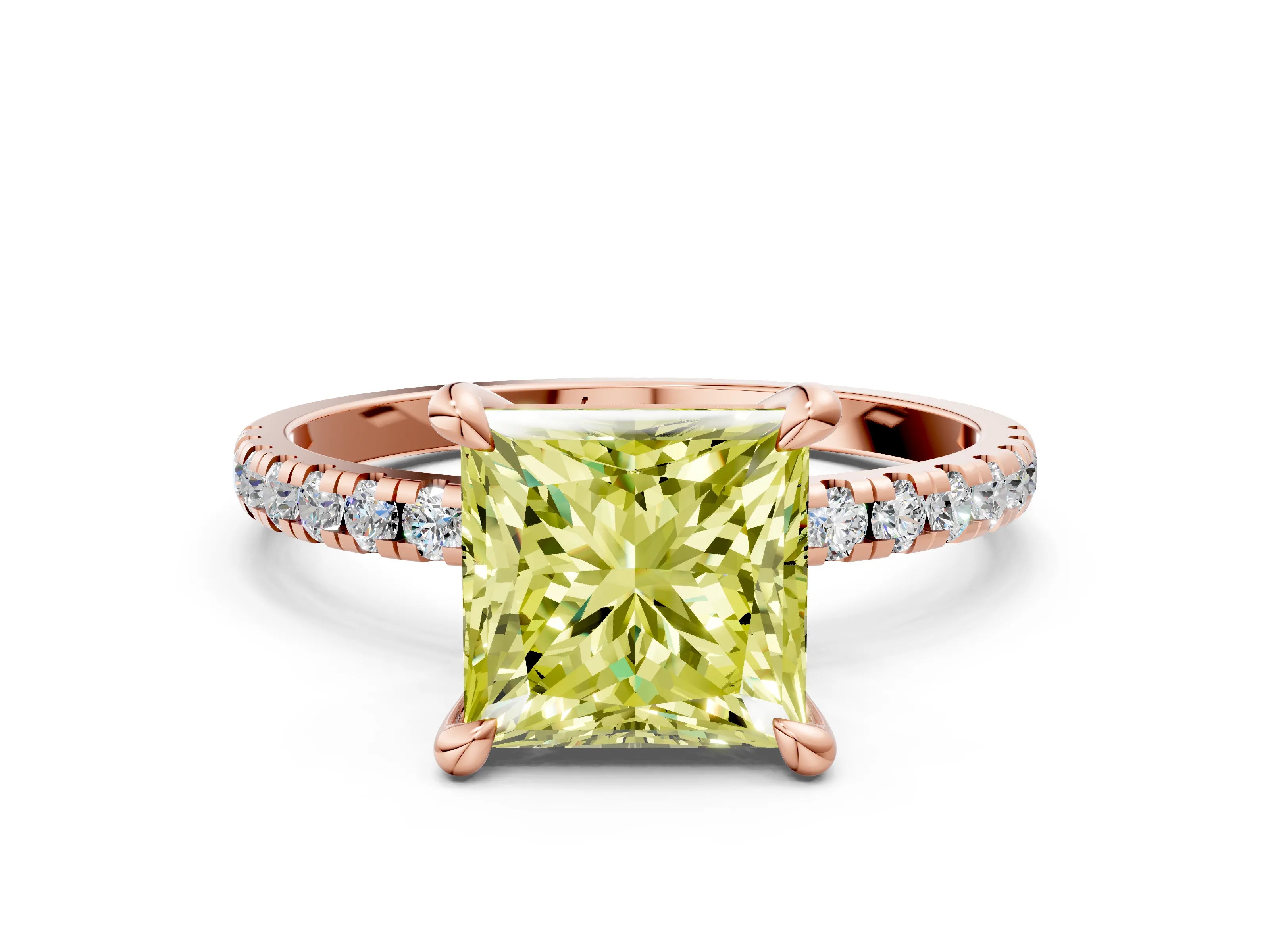 Rose gold Fancy Yellow Princess Cut Diamond Brilliant Solitaire Ring with Pavé Band and Four-Prong Setting