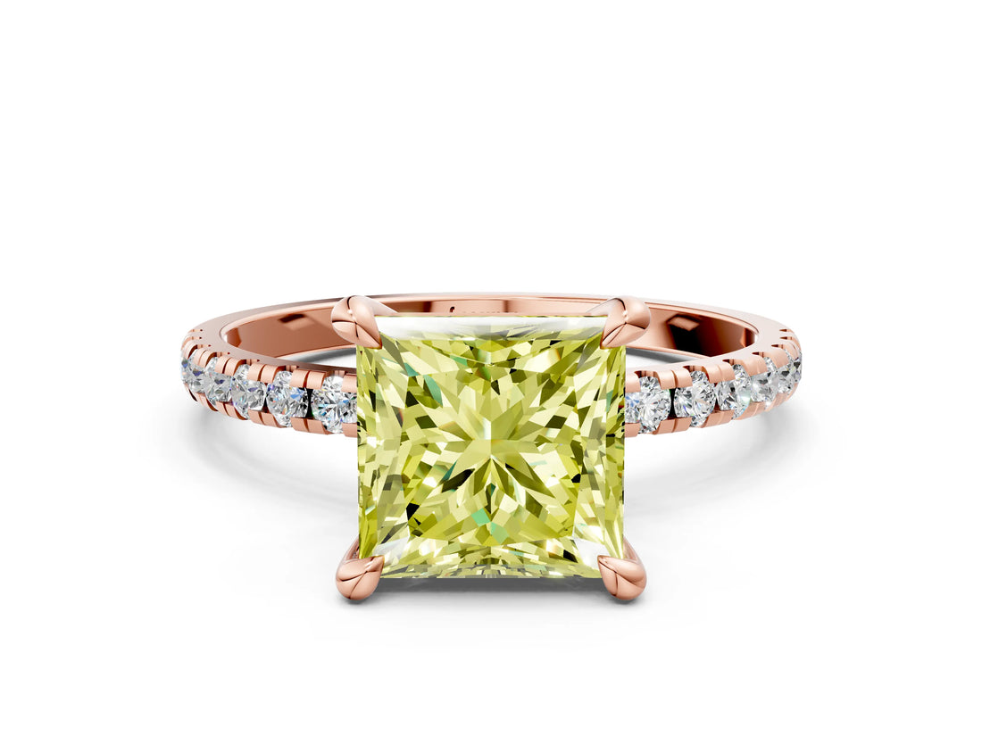 Rose gold Fancy Yellow Princess Cut Diamond Brilliant Solitaire Ring with Pavé Band and Four-Prong Setting
