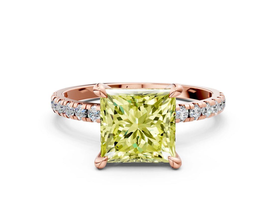 Rose gold Fancy Yellow Princess Cut Diamond Brilliant Solitaire Ring with Pavé Band and Four-Prong Setting_12