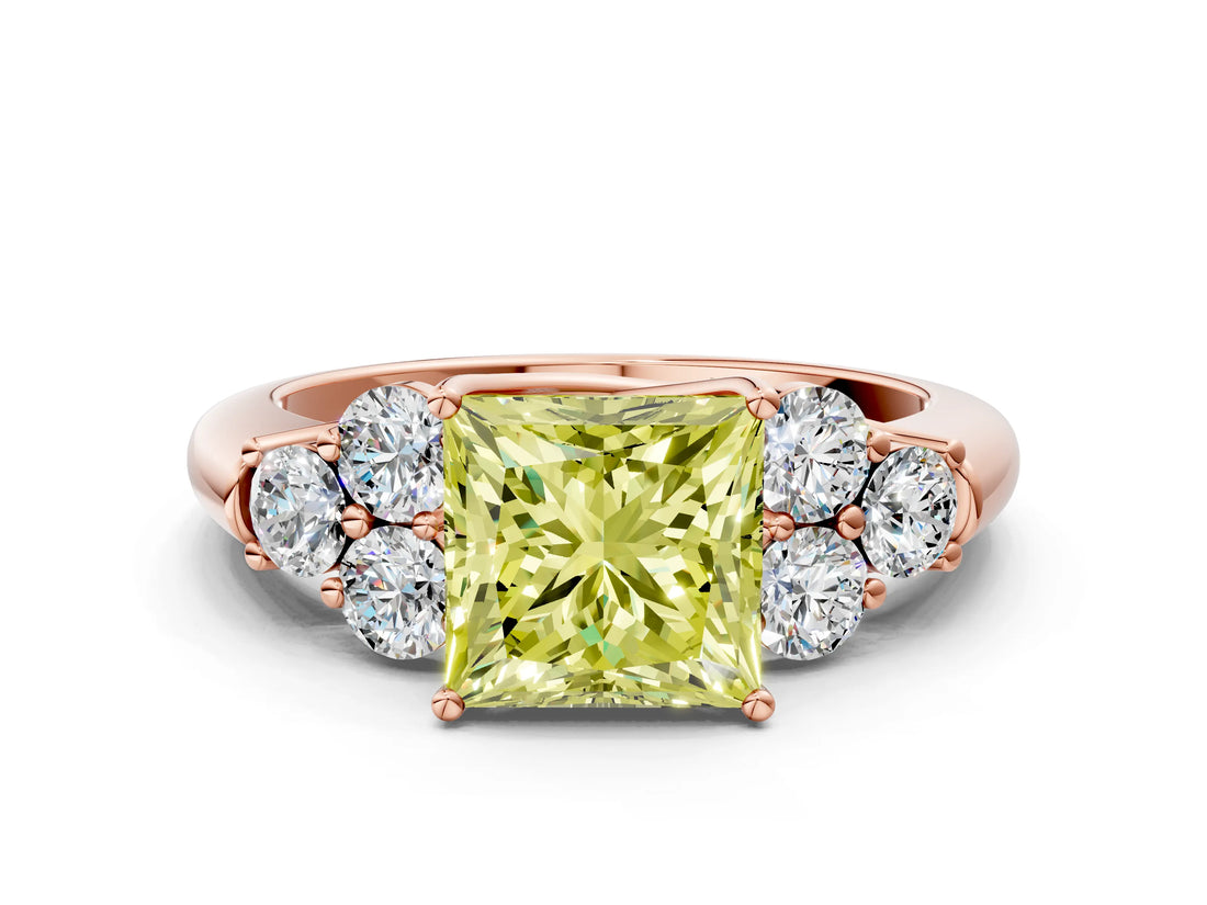 Rose gold Fancy Yellow Princess  Cut Diamond Cluster Ring with Round Accent Stones and Prong Setting on a Classic Band_29