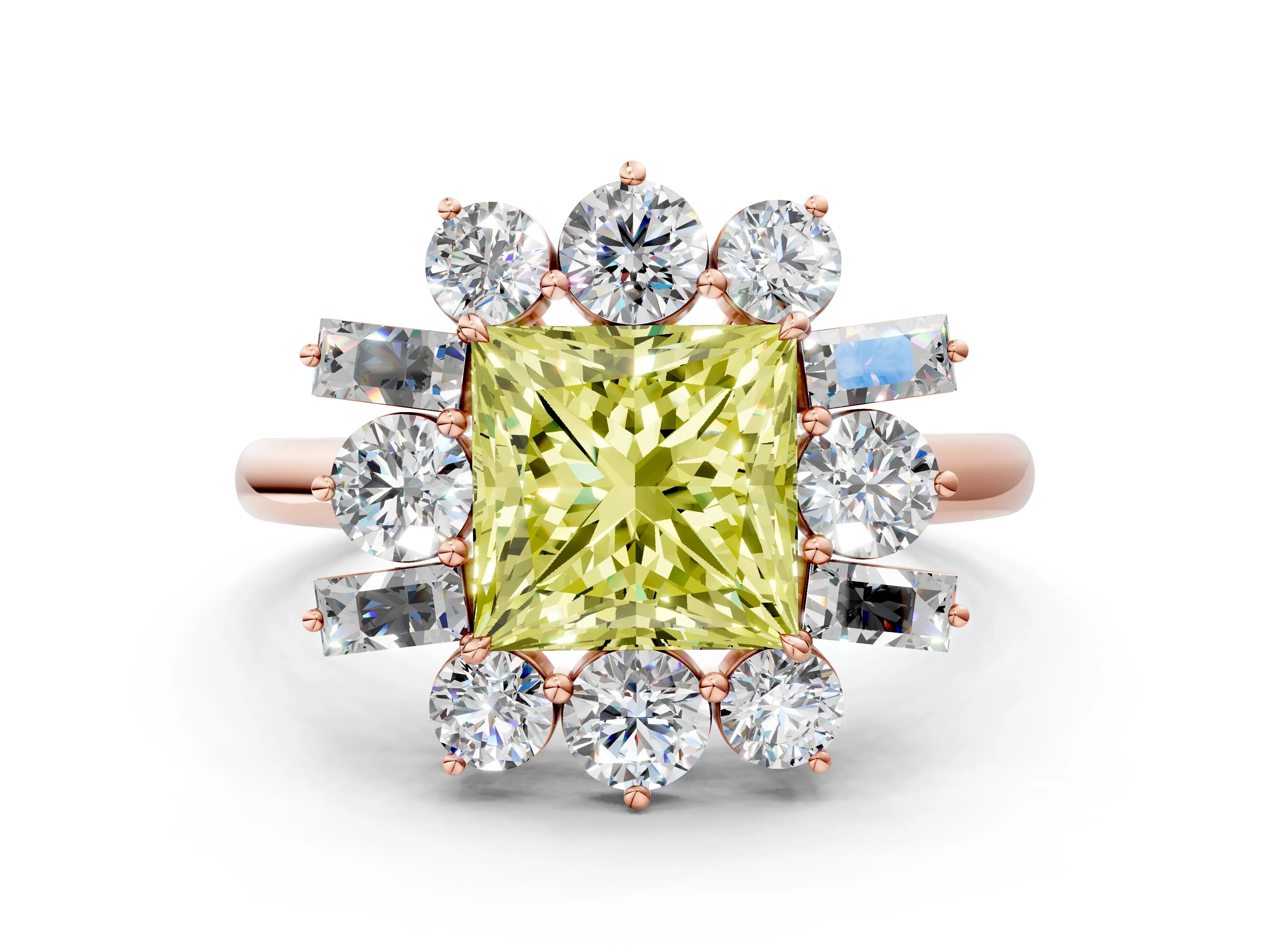 Rose gold Fancy Yellow Princess Cut Diamond Cluster Ring with Round and Baguette Stones, Split Shank Band, Prong Setting
