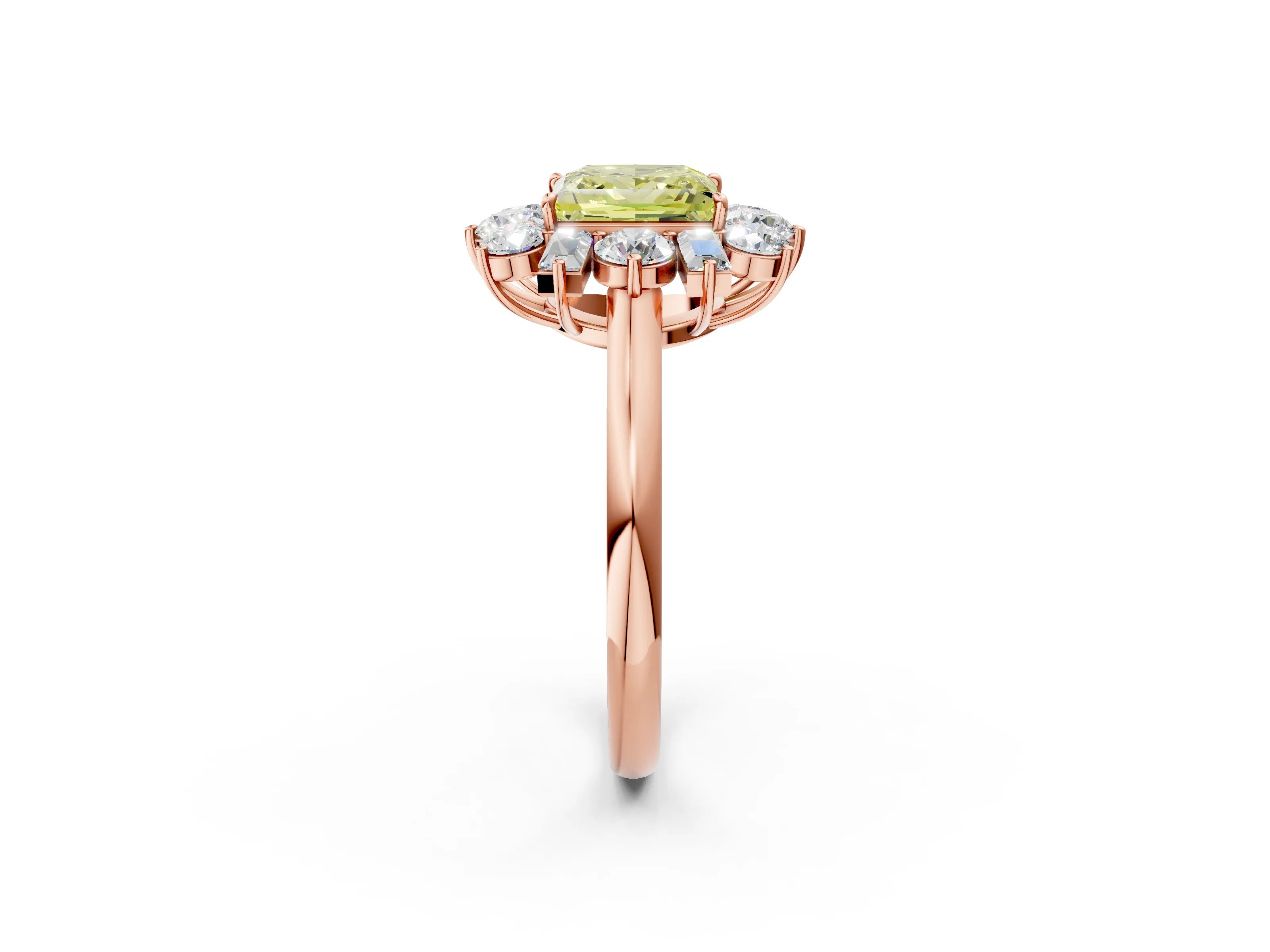 Rose gold Fancy Yellow Princess Cut Diamond Cluster Ring with Round and Baguette Stones, Split Shank Band, Prong Setting_2