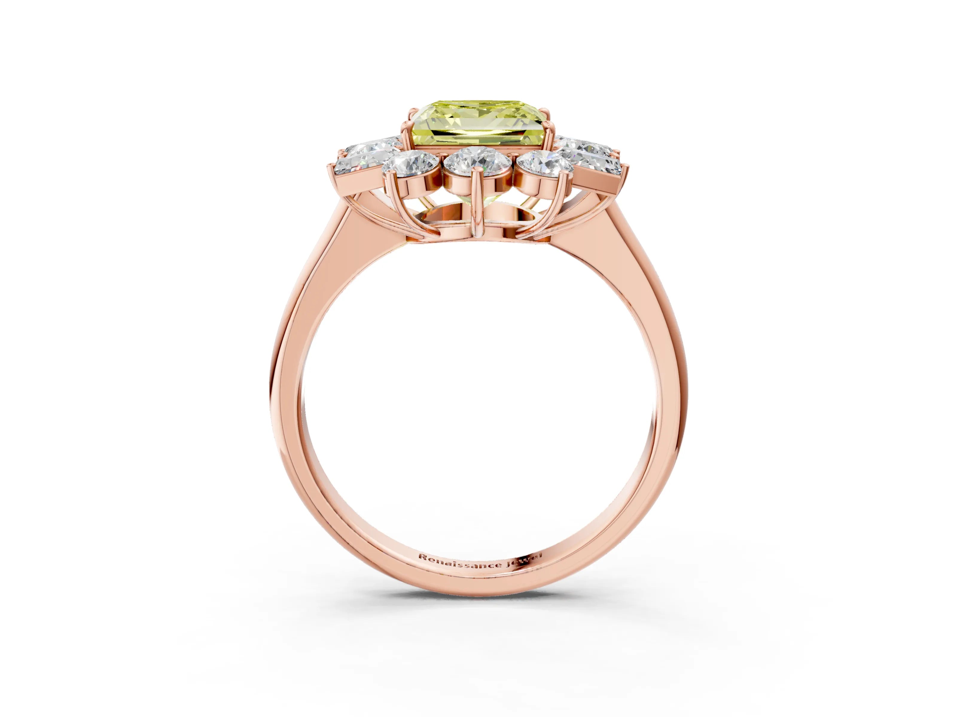 Rose gold Fancy Yellow Princess Cut Diamond Cluster Ring with Round and Baguette Stones, Split Shank Band, Prong Setting_3