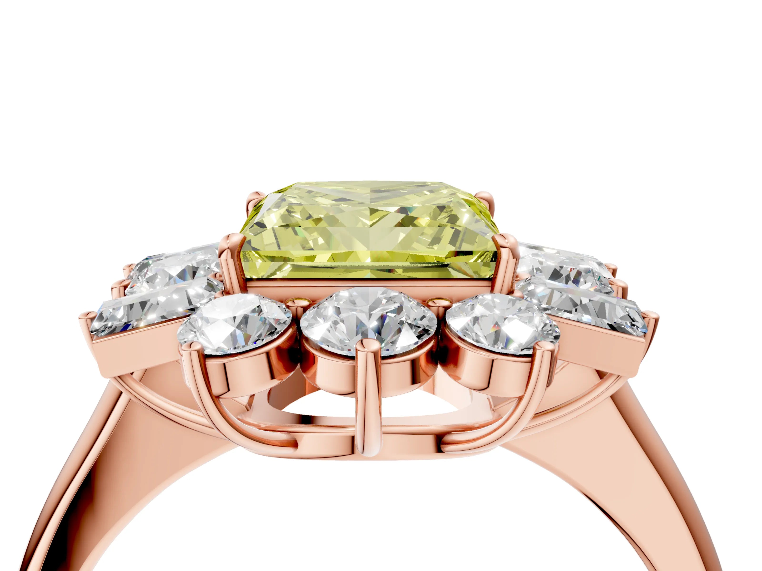 Rose gold Fancy Yellow Princess Cut Diamond Cluster Ring with Round and Baguette Stones, Split Shank Band, Prong Setting_4