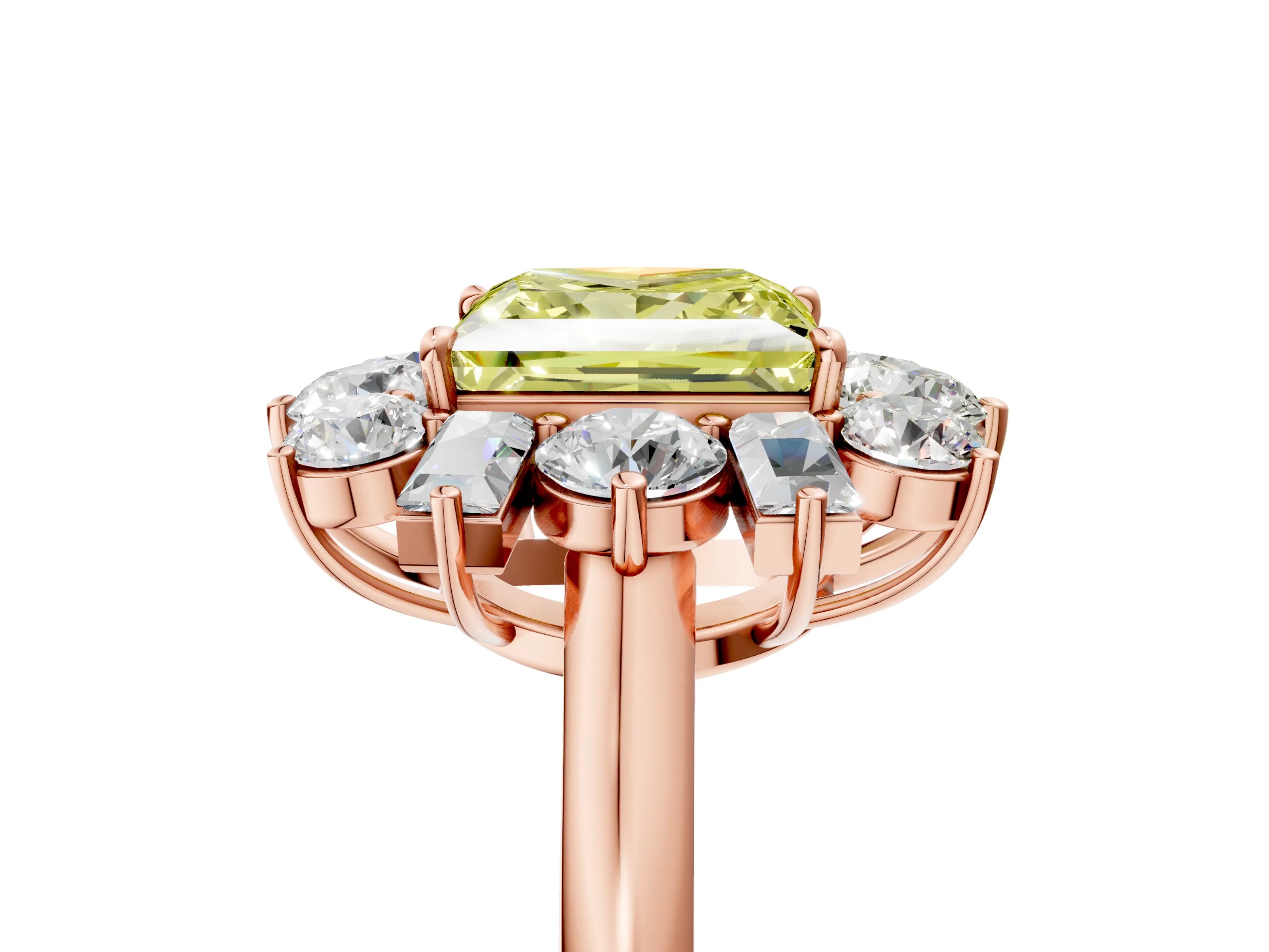 Rose gold Fancy Yellow Princess Cut Diamond Cluster Ring with Round and Baguette Stones, Split Shank Band, Prong Setting_5