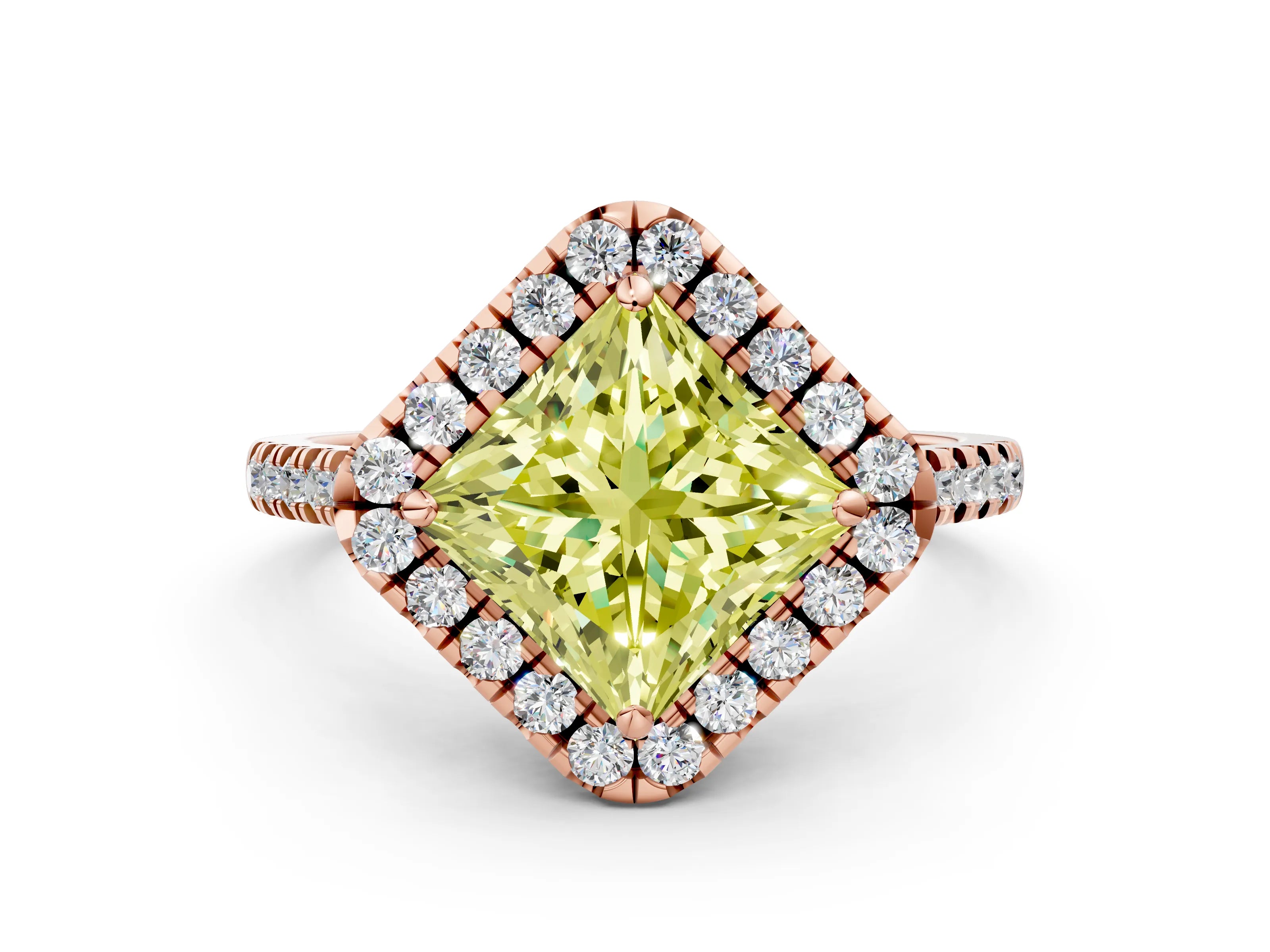 Rose gold Fancy Yellow Princess Cut Diamond Cushion Halo Ring with Pavé Band