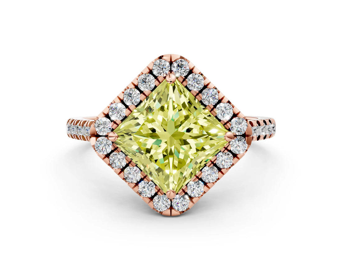 Rose gold Fancy Yellow Princess Cut Diamond Cushion Halo Ring with Pavé Band