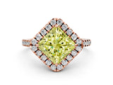 Rose gold Fancy Yellow Princess Cut Diamond Cushion Halo Ring with Pavé Band