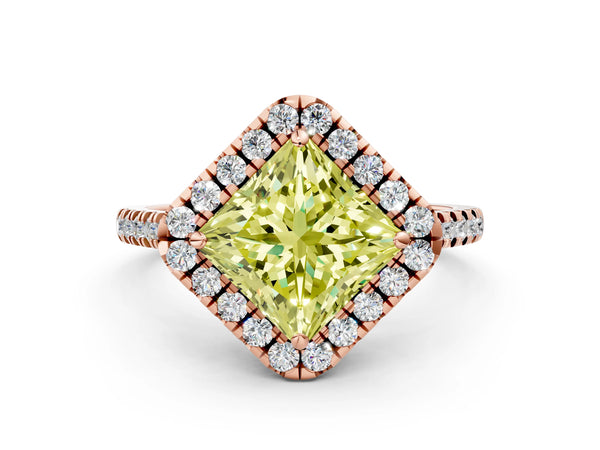 Rose Gold Princess Cut Contoured Halo Pave Engagement Ring Setting for Fancy Yellow Center
