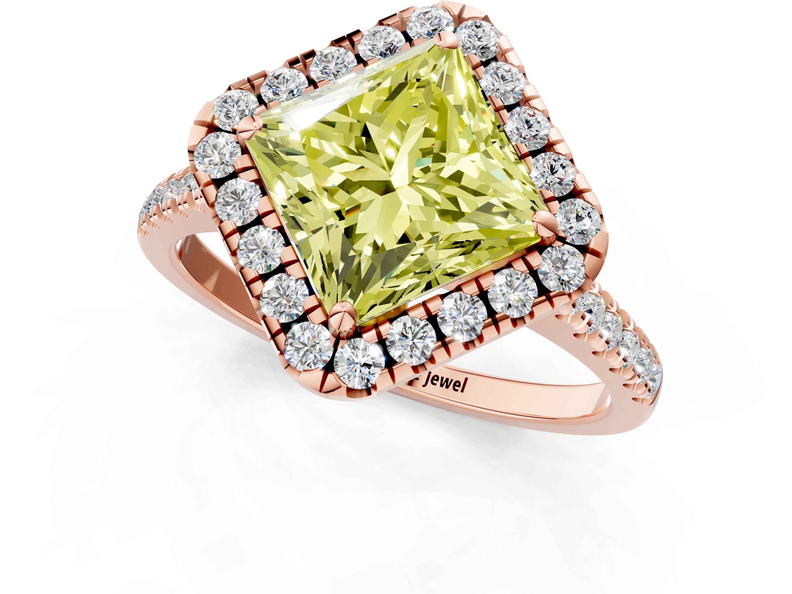 Rose gold Fancy Yellow Princess Cut Diamond Cushion Halo Ring with Pavé Band_1