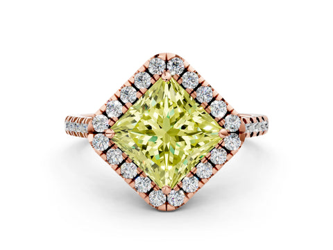 Rose gold Fancy Yellow Princess Cut Diamond Cushion Halo Ring with Pavé Band