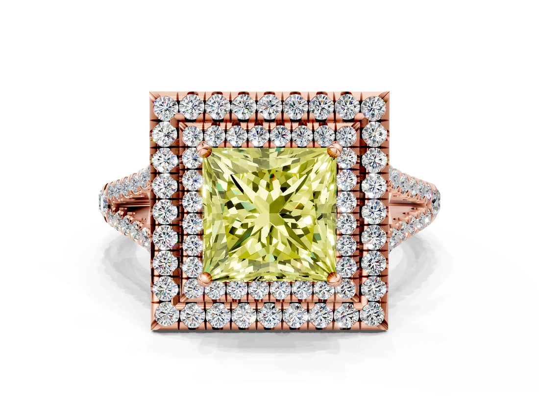 Rose gold Fancy Yellow Princess Cut Diamond Double Halo Ring with Pavé Band and Prong Setting_17