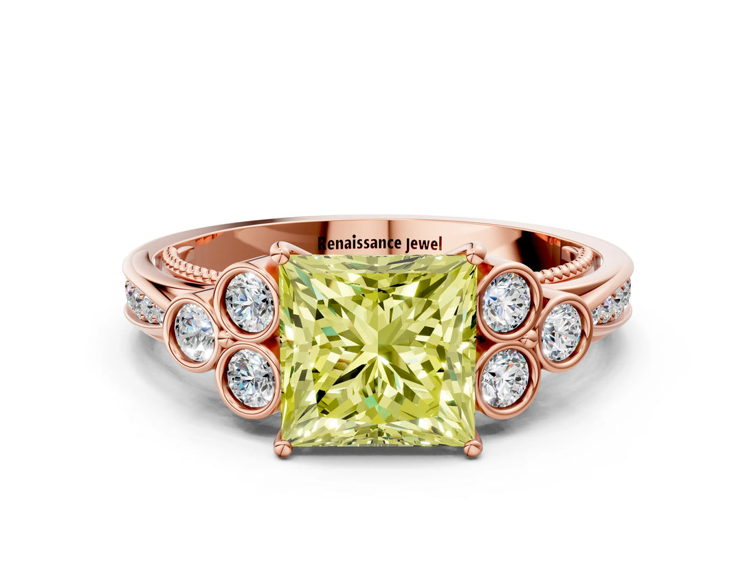 Rose gold Fancy Yellow Princess  Cut Diamond Engagement Ring with Bezel Set Round Side Stones and Prong Setting_27