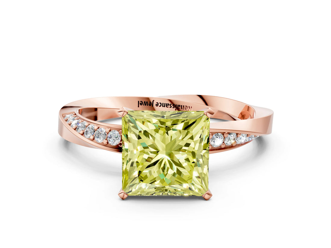 Rose gold Fancy Yellow Princess Cut Diamond Engagement Ring with Side Stone Accents and Four-Prong Setting_96
