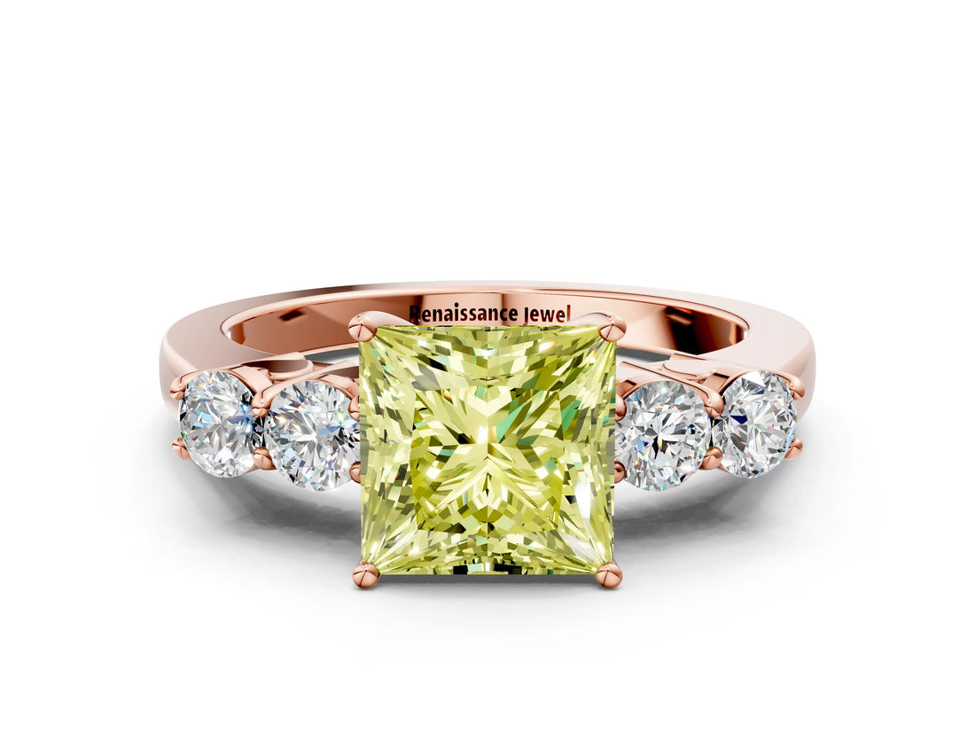 Rose gold Fancy Yellow Princess  Cut Diamond Five-Stone Prong Set White Gold Ring_29