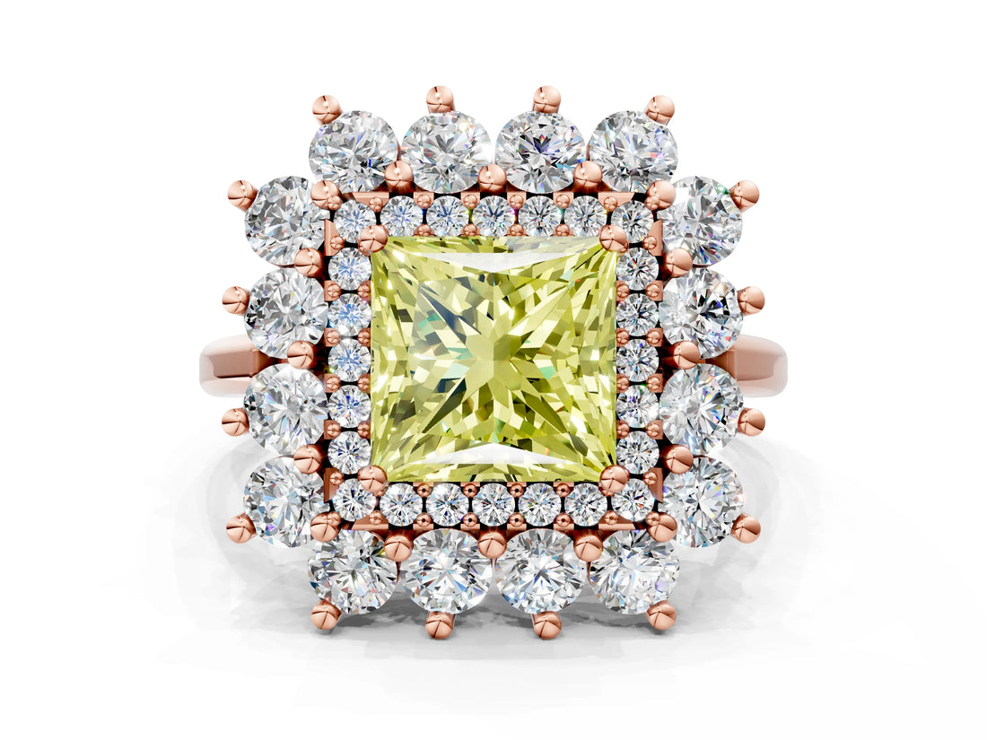 Rose gold Fancy Yellow Princess Cut Diamond Floral Double Halo Engagement Ring with Prong Setting_24