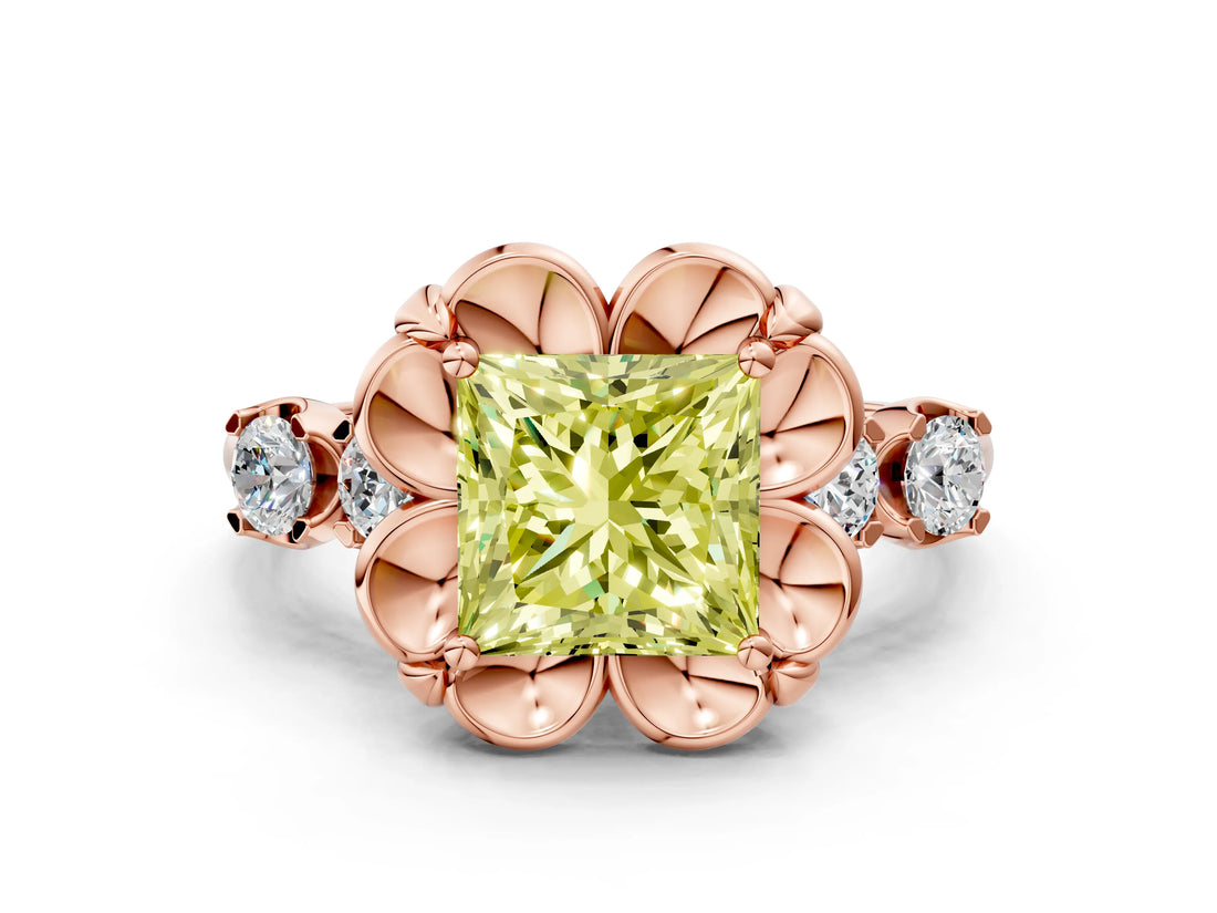 Rose gold Fancy Yellow Princess  Cut Diamond Floral Halo Engagement Ring with Shared Prong Setting