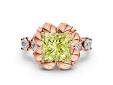 Rose gold Fancy Yellow Princess  Cut Diamond Floral Halo Engagement Ring with Shared Prong Setting