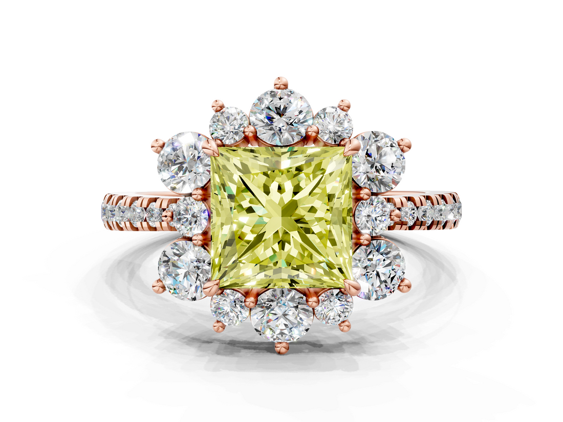 Rose gold Fancy Yellow Princess  Cut Diamond Floral Halo Pave Band with Prong Setting