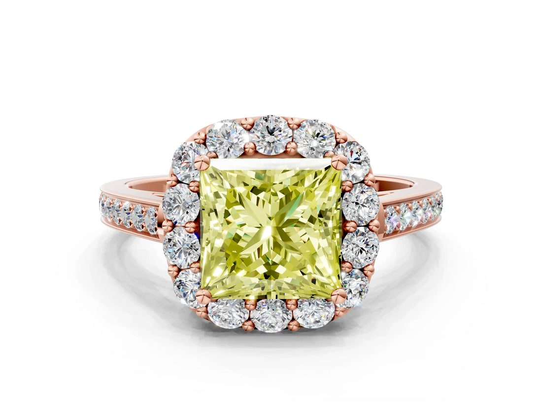 Rose gold Fancy Yellow Princess Cut Diamond Floral Halo Ring with Pavé Band and Prong Setting_3