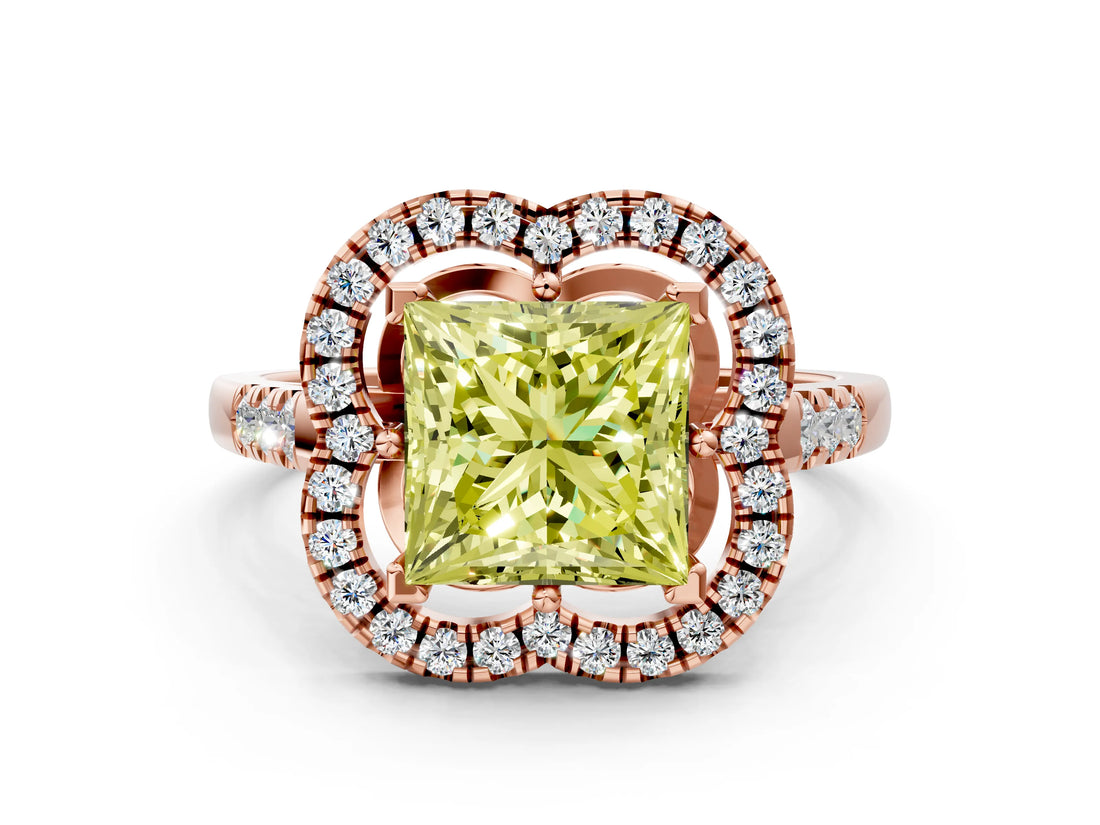 Rose gold Fancy Yellow Princess Cut Diamond Floral Halo Split Shank Prong Setting Ring
