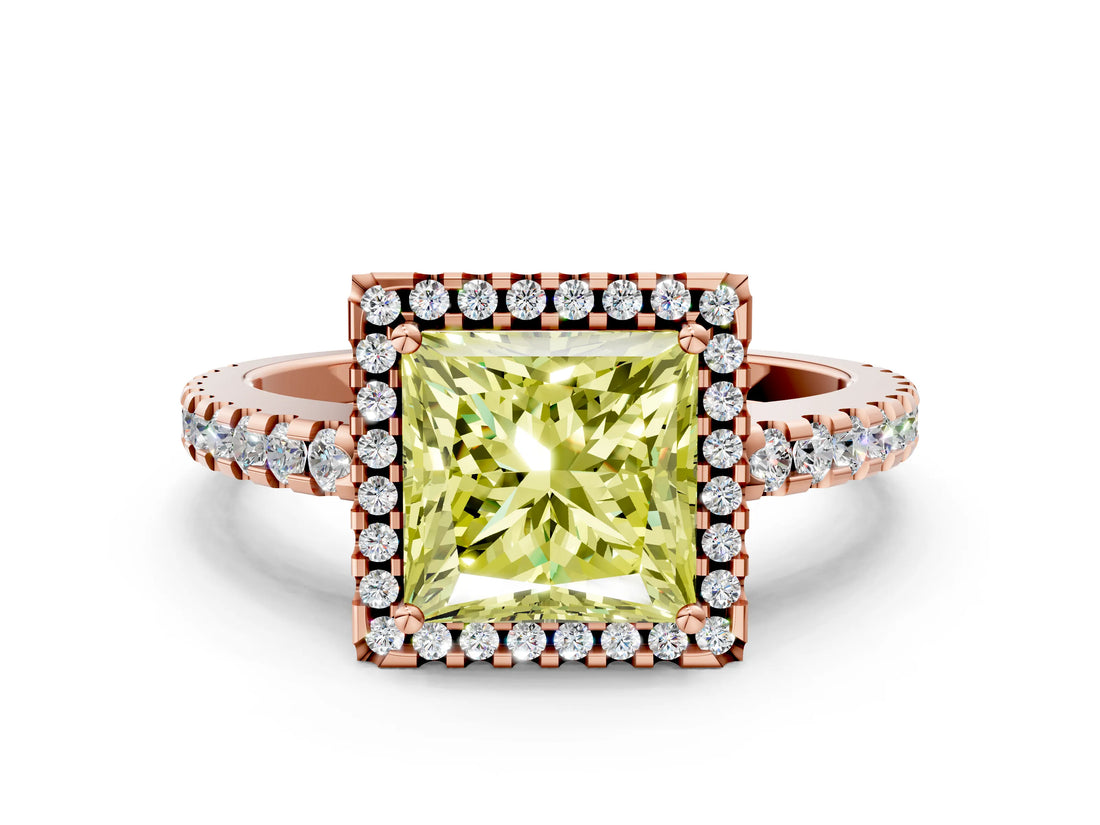 Rose gold Fancy Yellow Princess Cut Diamond Halo Engagement Ring with Pavé Band and Prong Setting_27