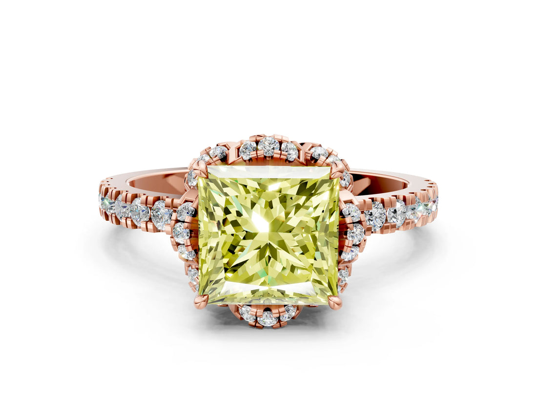 Rose gold Fancy Yellow Princess Cut Diamond Halo Pave Band with Four-Prong Setting_3