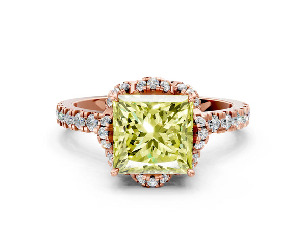 Rose gold Fancy Yellow Princess Cut Diamond Halo Pave Band with Four-Prong Setting