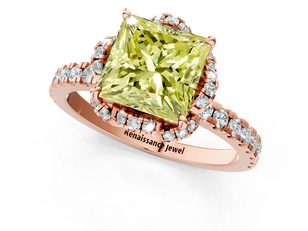 Rose gold Fancy Yellow Princess Cut Diamond Halo Pave Band with Four-Prong Setting