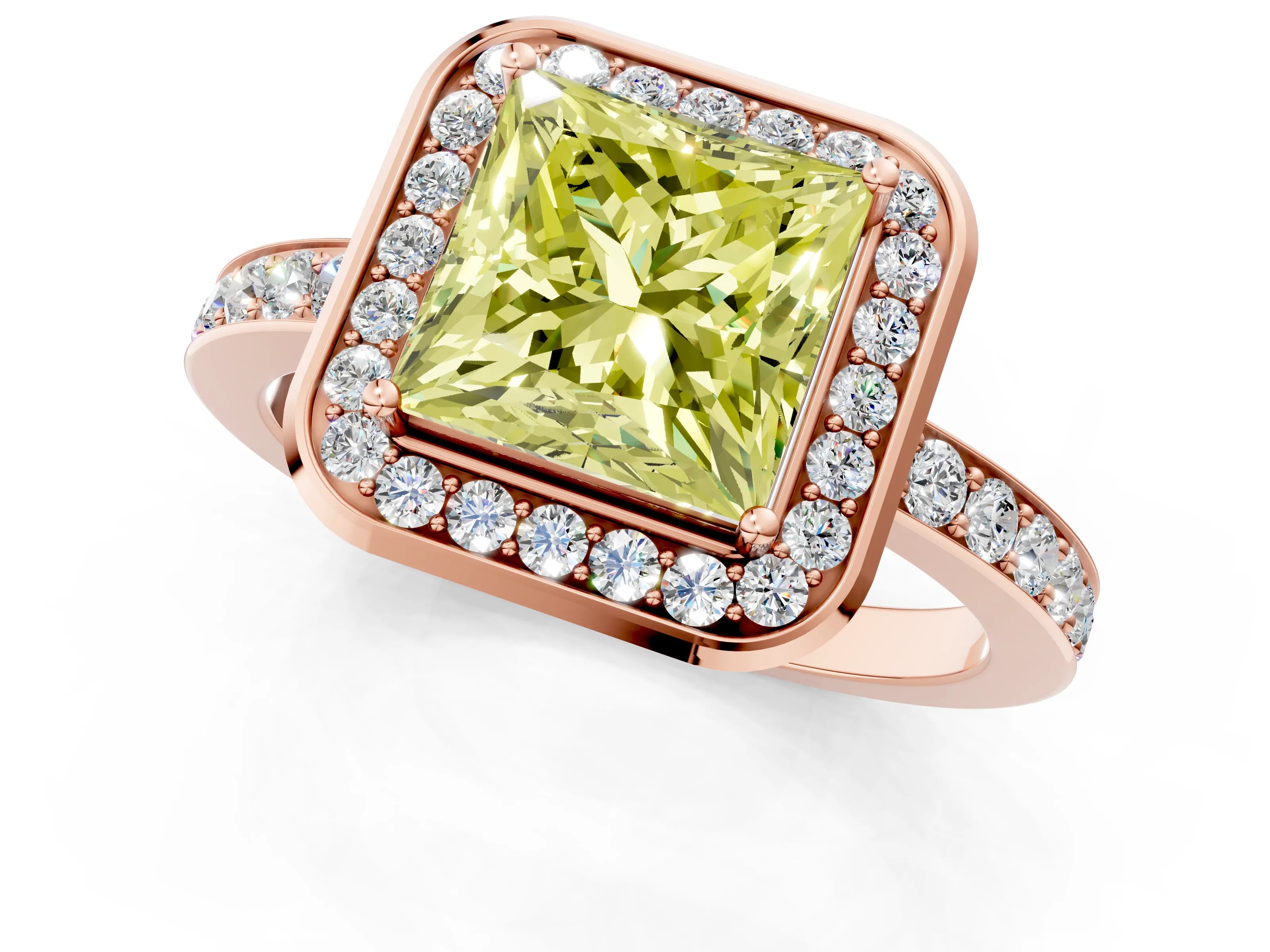 Rose gold Fancy Yellow Princess Cut Diamond Halo Ring with Bezel Frame and Pavé Band_1