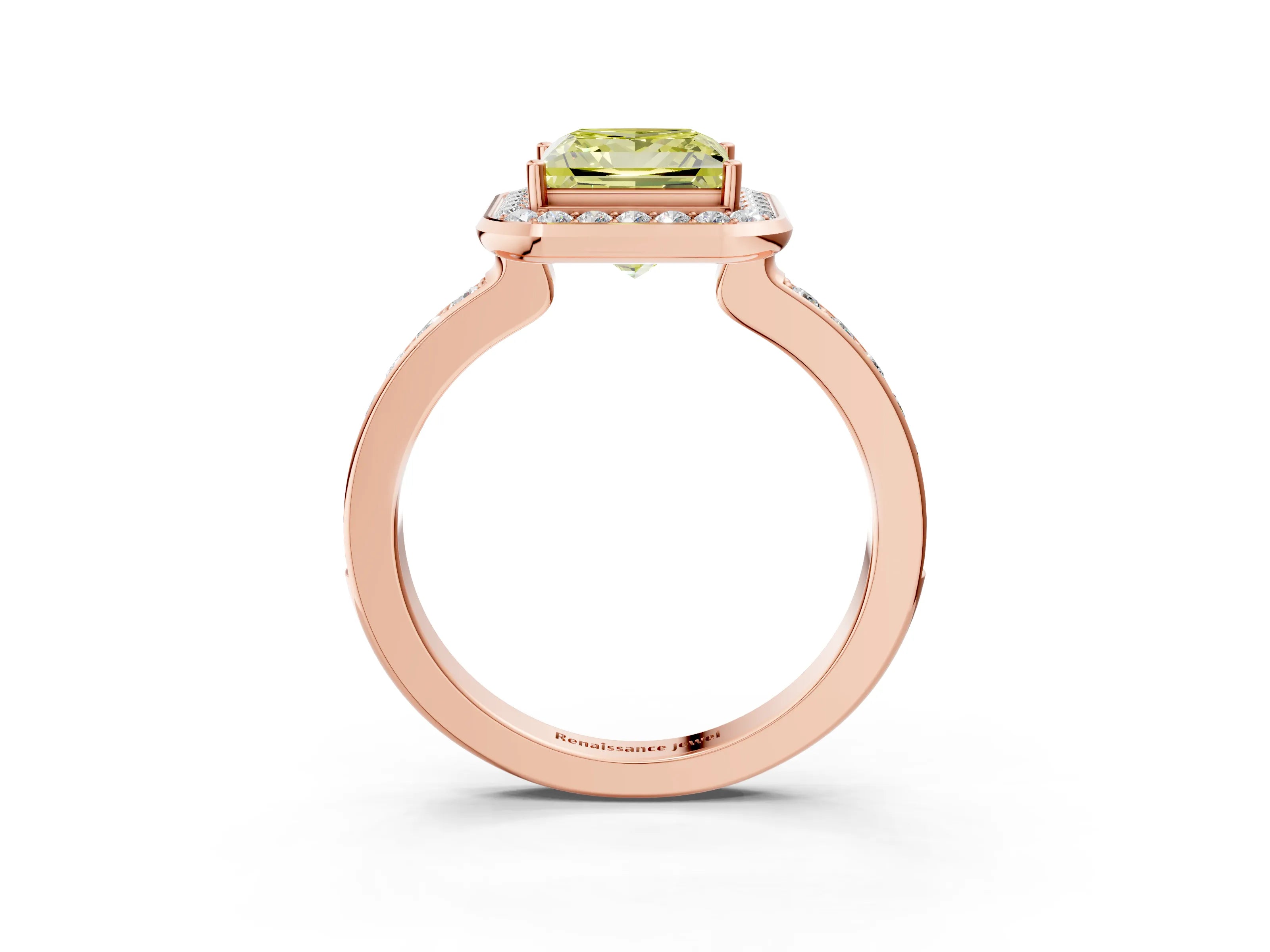 Rose gold Fancy Yellow Princess Cut Diamond Halo Ring with Bezel Frame and Pavé Band_3
