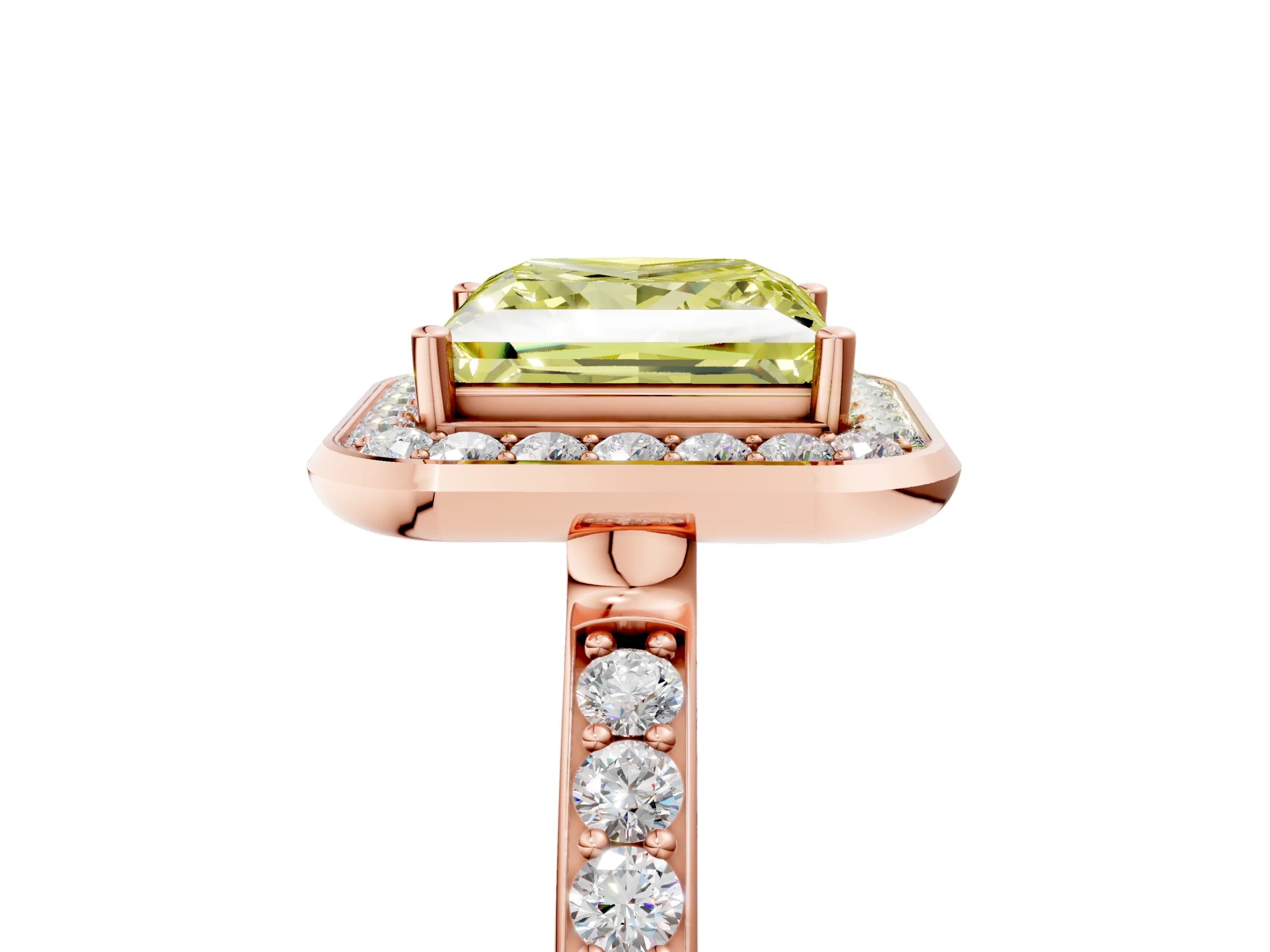Rose gold Fancy Yellow Princess Cut Diamond Halo Ring with Bezel Frame and Pavé Band_5