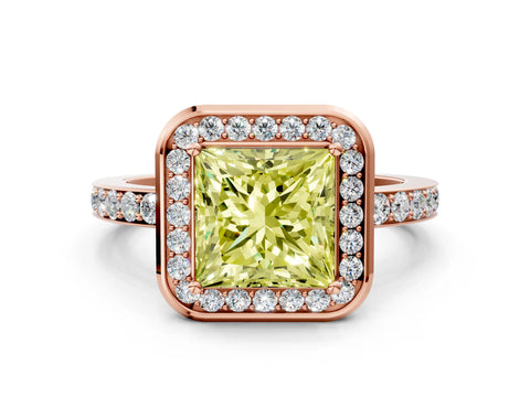 Rose gold Fancy Yellow Princess Cut Diamond Halo Ring with Bezel Frame and Pavé Band