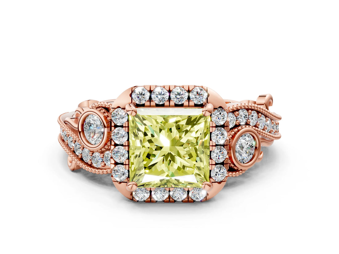Rose gold Fancy Yellow Princess Cut Diamond Halo Ring with Milgrain Pavé Band and Four-Prong Setting_17
