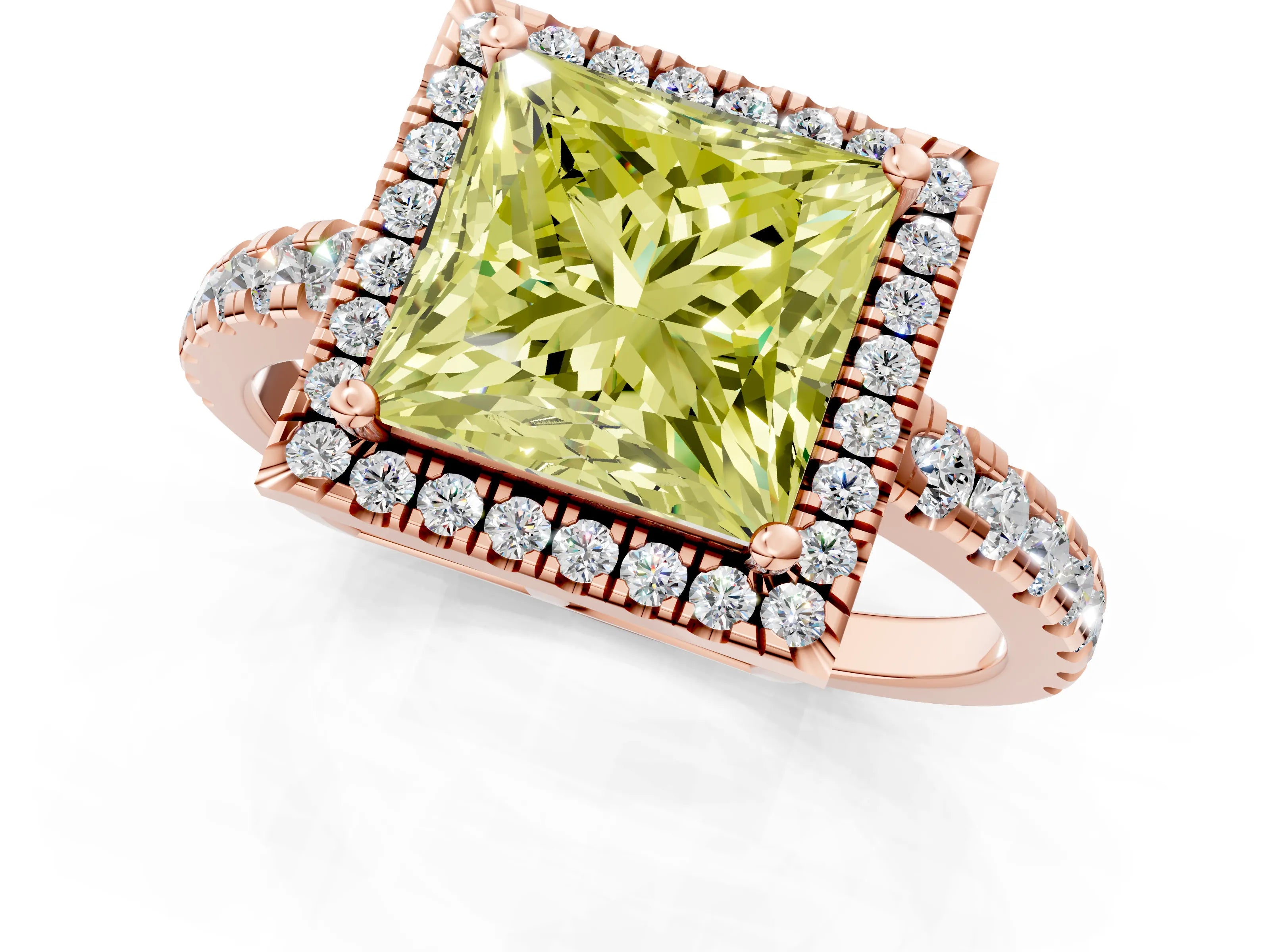 Rose gold Fancy Yellow Princess Cut Diamond Halo Ring with Pavé Band and Four-Prong Setting_1