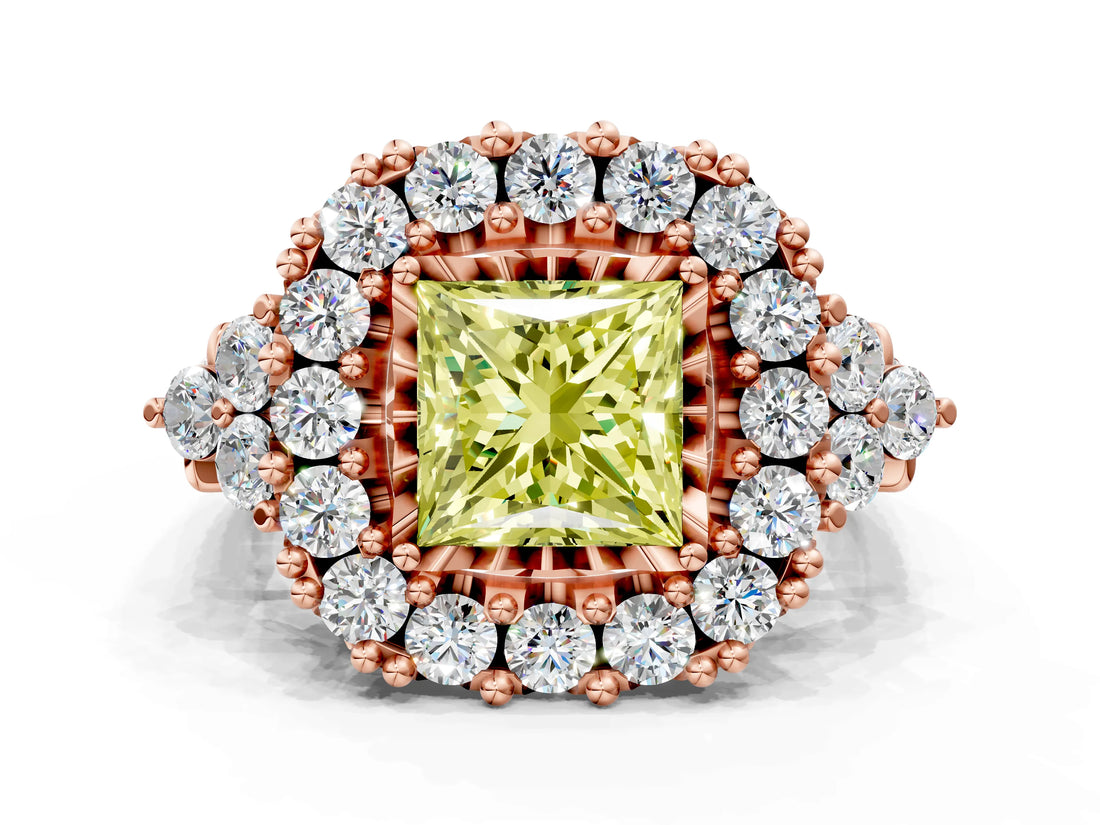Rose gold Fancy Yellow Princess Cut Diamond Halo Ring with Pavé Band and Four-Prong Setting_17