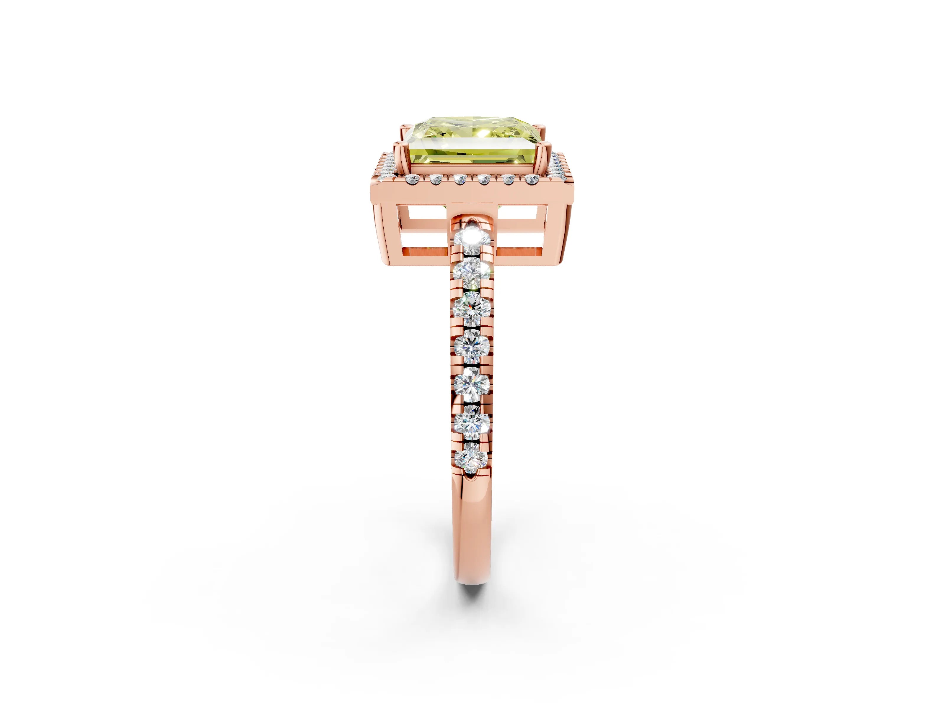 Rose gold Fancy Yellow Princess Cut Diamond Halo Ring with Pavé Band and Four-Prong Setting_2