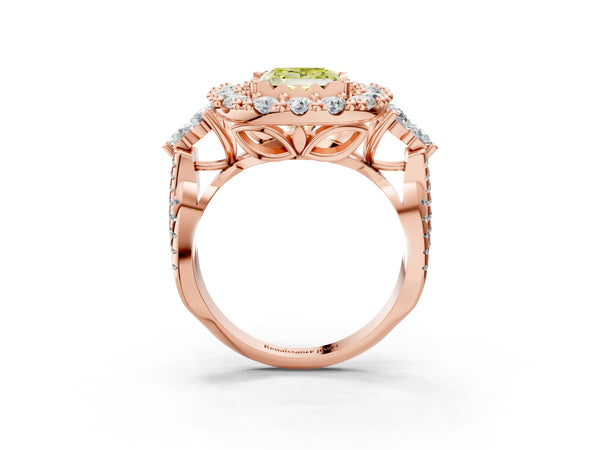 Rose Gold Princess Cut Halo Crossover Pave Engagement Ring Setting for Fancy Yellow Center