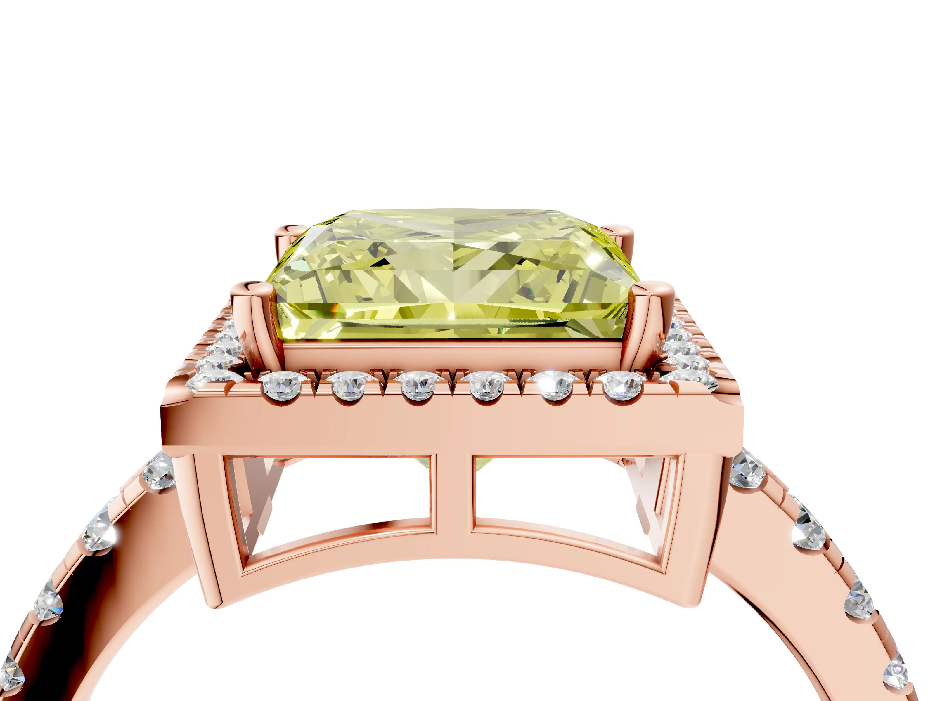 Rose gold Fancy Yellow Princess Cut Diamond Halo Ring with Pavé Band and Four-Prong Setting_4