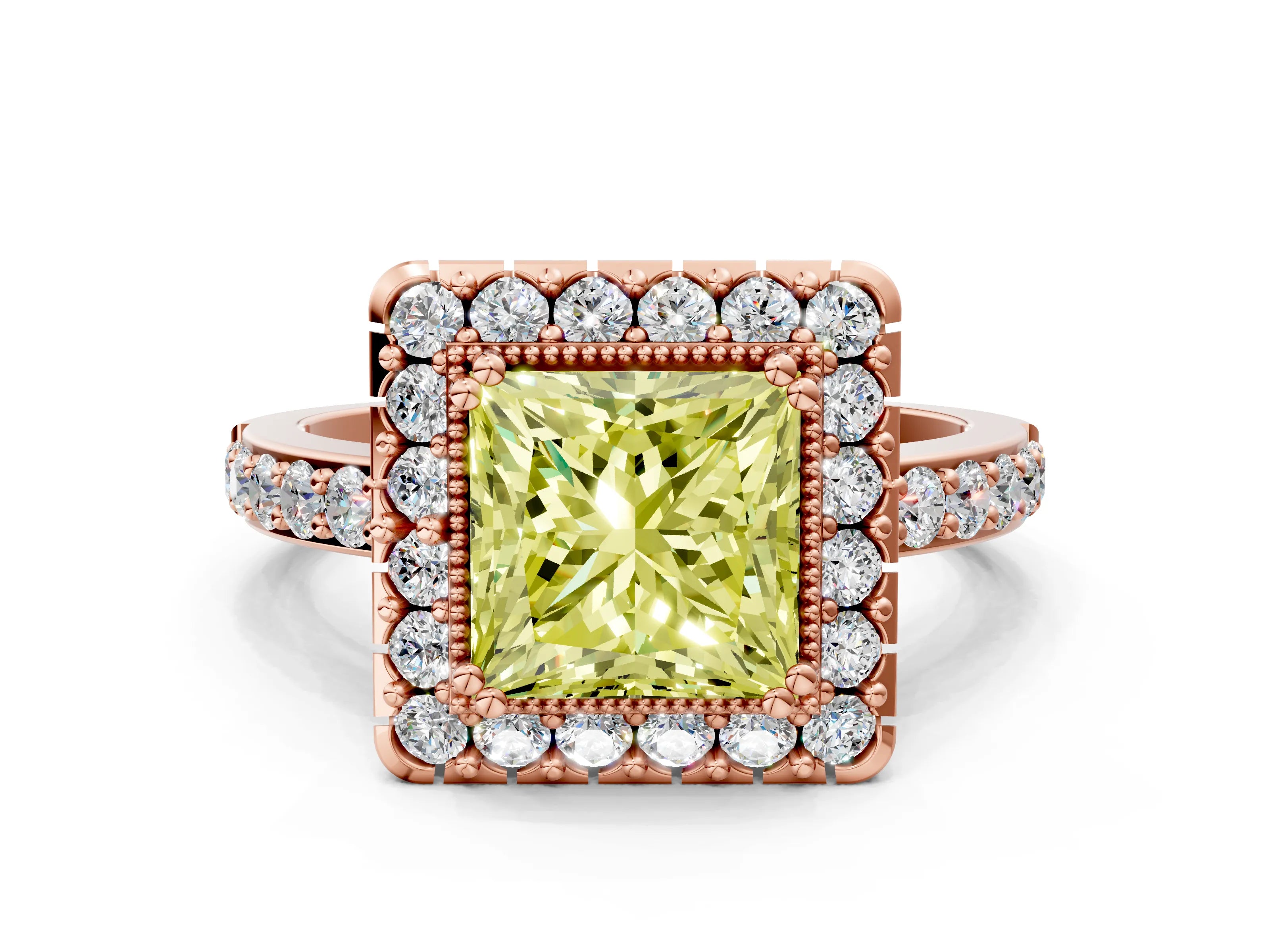 Rose gold Fancy Yellow Princess Cut Diamond Halo Ring with Pavé Band and Prong Setting