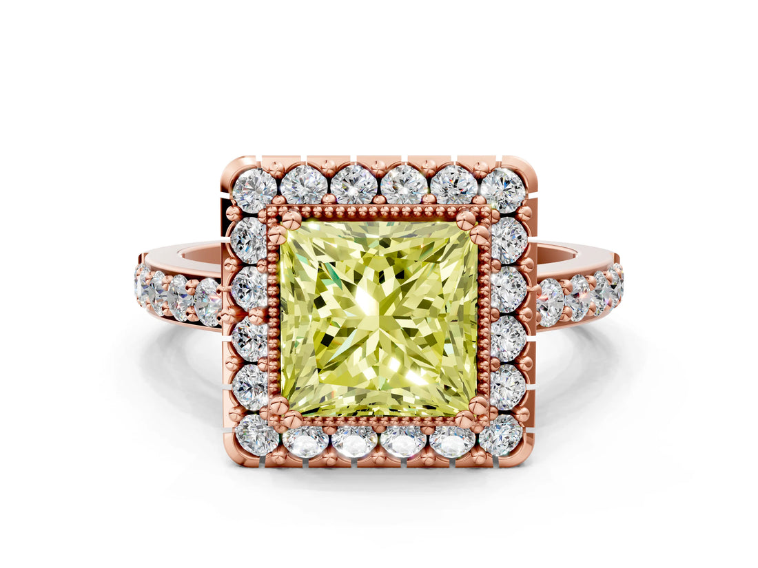 Rose gold Fancy Yellow Princess Cut Diamond Halo Ring with Pavé Band and Prong Setting