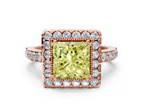 Rose gold Fancy Yellow Princess Cut Diamond Halo Ring with Pavé Band and Prong Setting