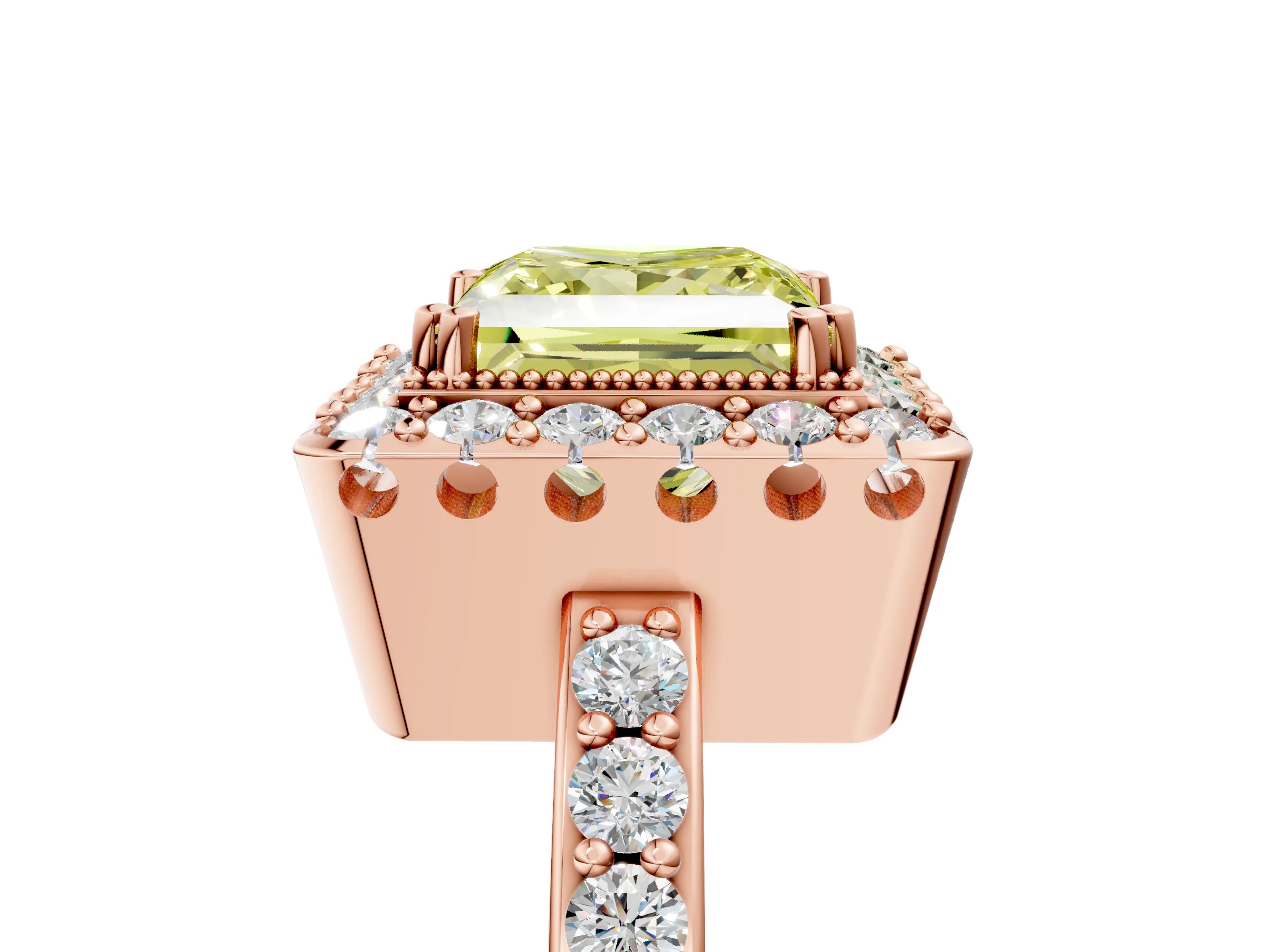 Rose gold Fancy Yellow Princess Cut Diamond Halo Ring with Pavé Band and Prong Setting_5