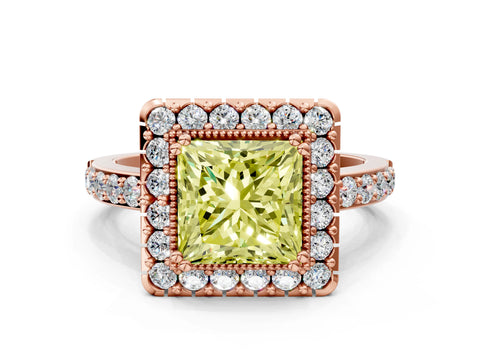 Rose gold Fancy Yellow Princess Cut Diamond Halo Ring with Pavé Band and Prong Setting