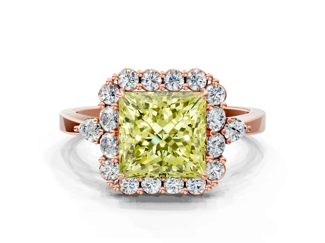 Rose gold Fancy Yellow Princess Cut Diamond Halo Ring with Pear Side Stones and Prong Setting_16