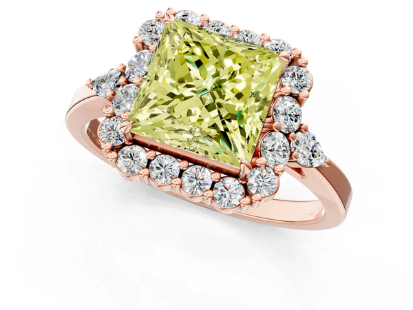 Rose Gold Princess Cut Halo Engagement Ring Setting for Fancy Yellow Center with Pear Accents