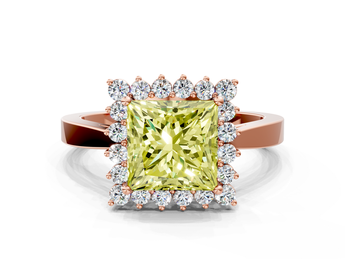 Rose gold Fancy Yellow Princess  Cut Diamond Halo Ring with Round Brilliant Halo and Solitaire Band