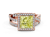 Rose gold Fancy Yellow Princess Cut Diamond Halo Ring with Round Split Shank and Prong Setting_36