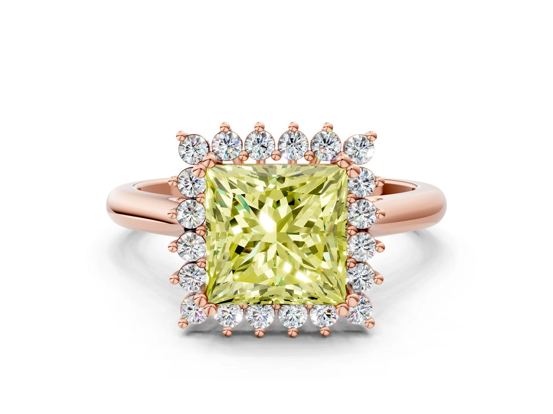 Rose gold Fancy Yellow Princess  Cut Diamond Halo Ring with Solitaire Band and Prong Setting_30