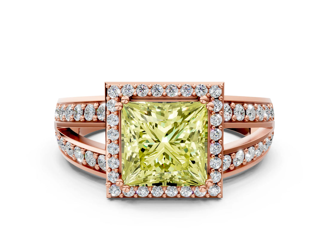 Rose gold Fancy Yellow Princess Cut Diamond Halo Ring with Split Shank Pavé Band and Four-Prong Setting
